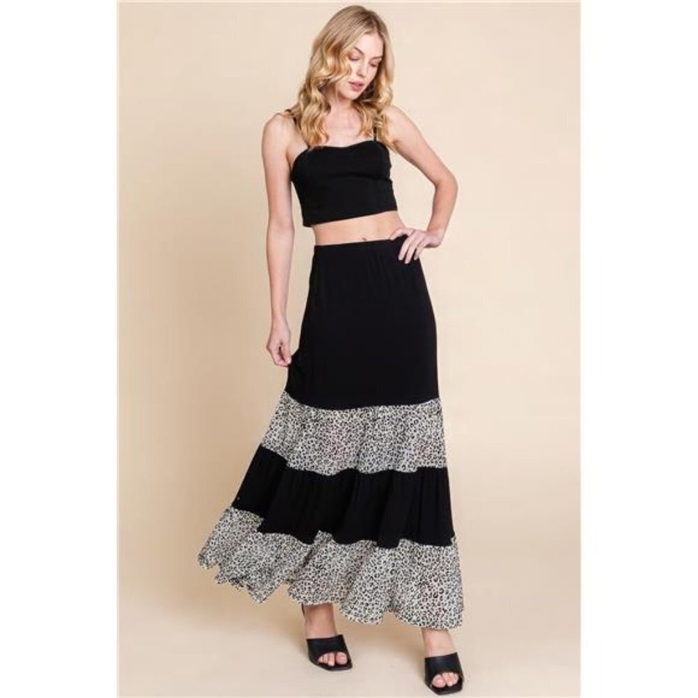Long Tiered Contrast Fashion Skirt With Velvet Animal Print Mesh